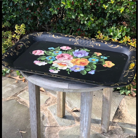 Vintage large painted tole metal tray - Picture 6 of 13